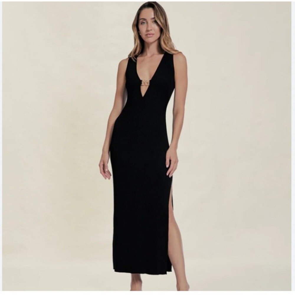 Devon Windsor Klara Dress Womens Small Black Ribbed Knit Tank Maxi V Neck